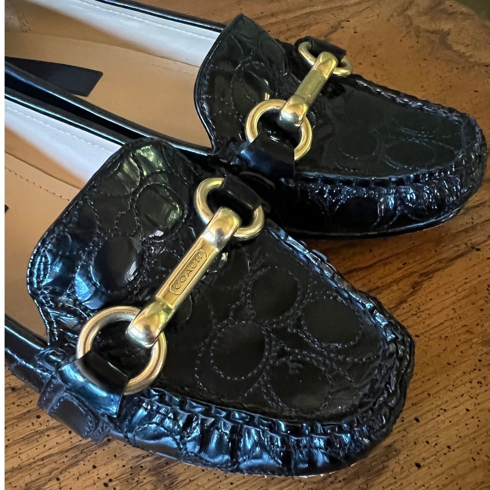 Coach Eve Black Patent Leather Signature Logo Preppy Horsebit Loafers Womens 5B